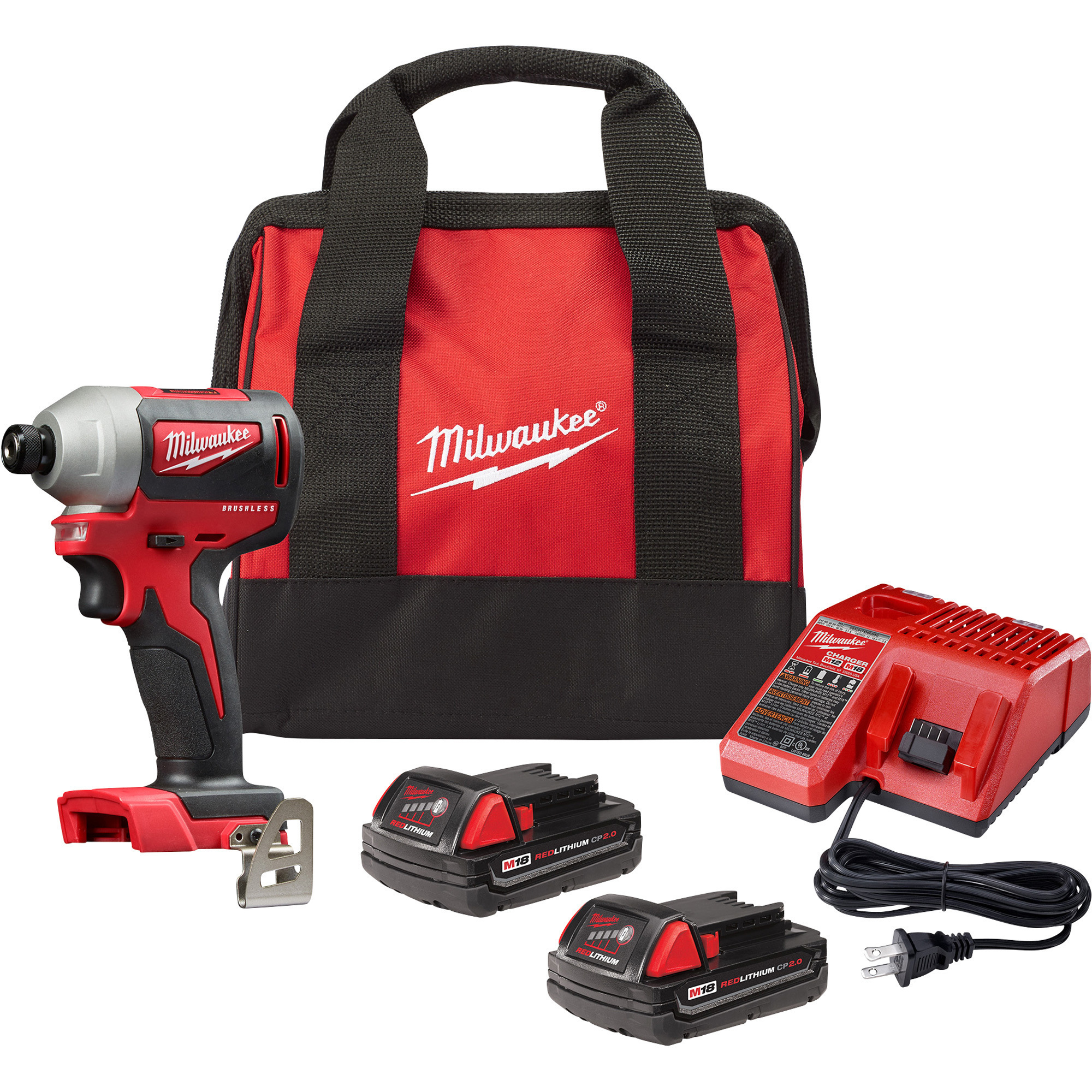 Milwaukee M18 Cordless Compact Brushless 1/4in. Hex Impact Driver Kit, 2 Batteries, Model# 2850-22CT